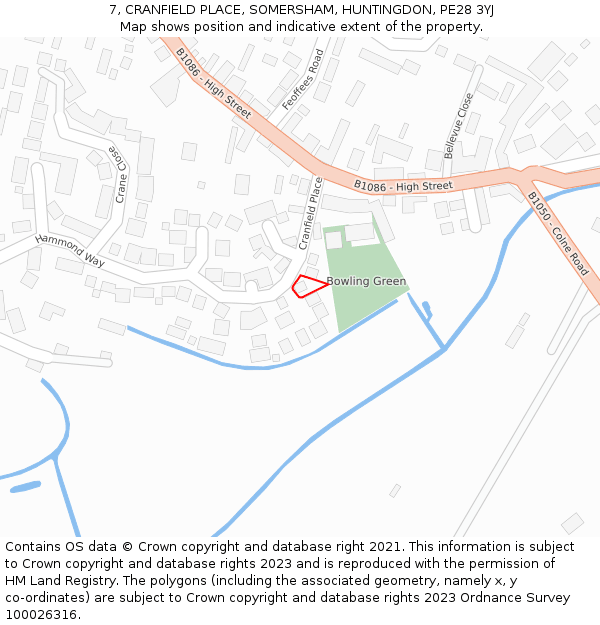 7, CRANFIELD PLACE, SOMERSHAM, HUNTINGDON, PE28 3YJ: Location map and indicative extent of plot