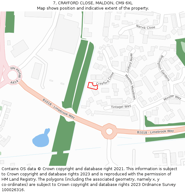 7, CRAYFORD CLOSE, MALDON, CM9 6XL: Location map and indicative extent of plot