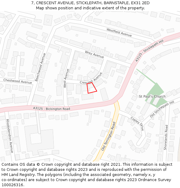7, CRESCENT AVENUE, STICKLEPATH, BARNSTAPLE, EX31 2ED: Location map and indicative extent of plot