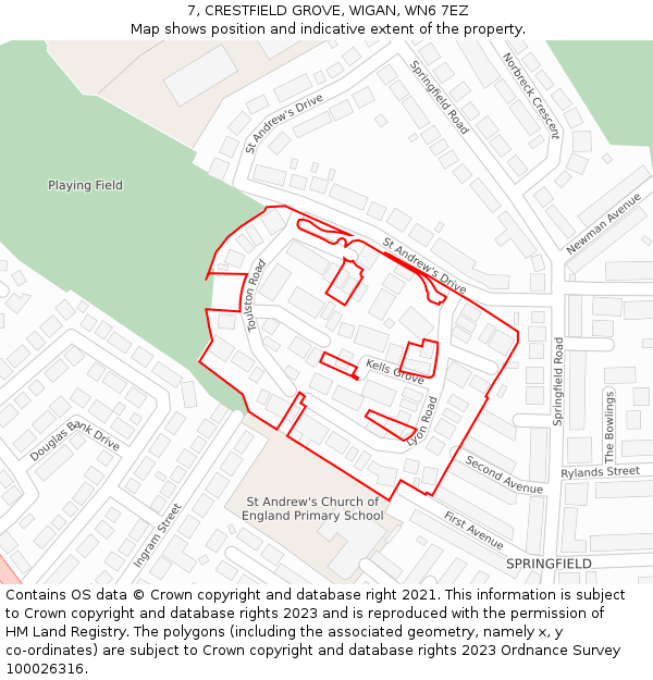 7, CRESTFIELD GROVE, WIGAN, WN6 7EZ: Location map and indicative extent of plot