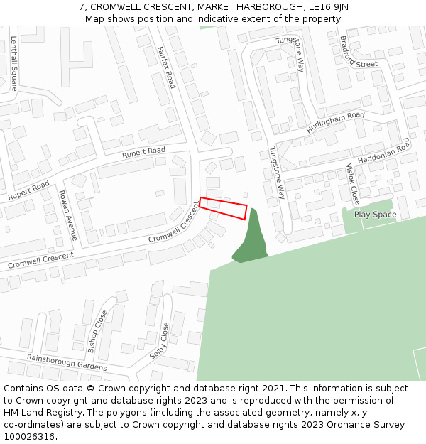 7, CROMWELL CRESCENT, MARKET HARBOROUGH, LE16 9JN: Location map and indicative extent of plot
