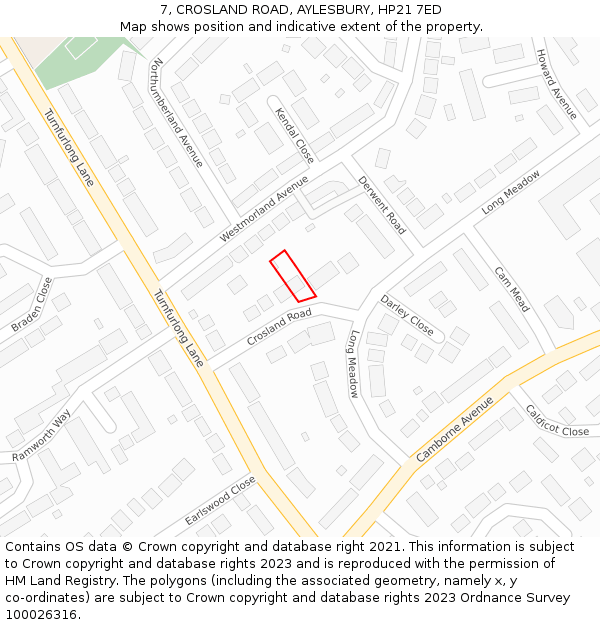 7, CROSLAND ROAD, AYLESBURY, HP21 7ED: Location map and indicative extent of plot