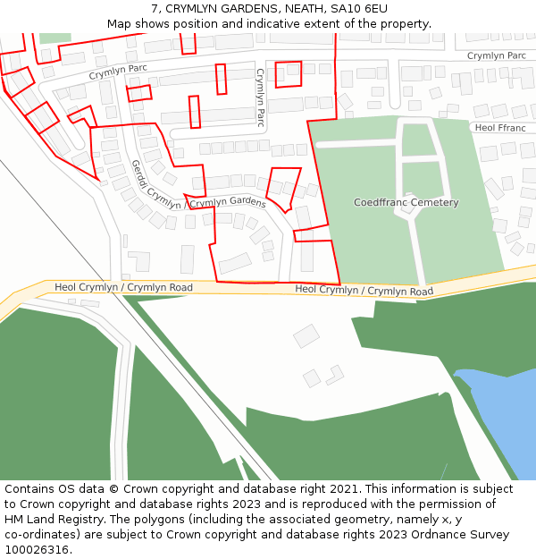 7, CRYMLYN GARDENS, NEATH, SA10 6EU: Location map and indicative extent of plot
