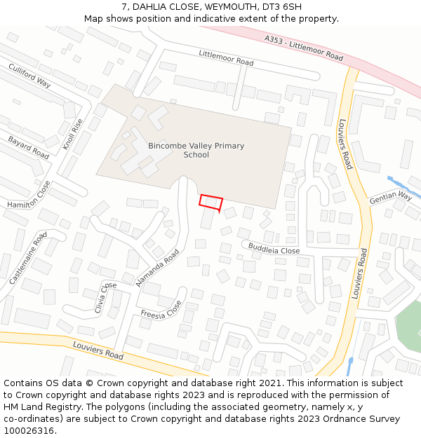 7, DAHLIA CLOSE, WEYMOUTH, DT3 6SH: Location map and indicative extent of plot