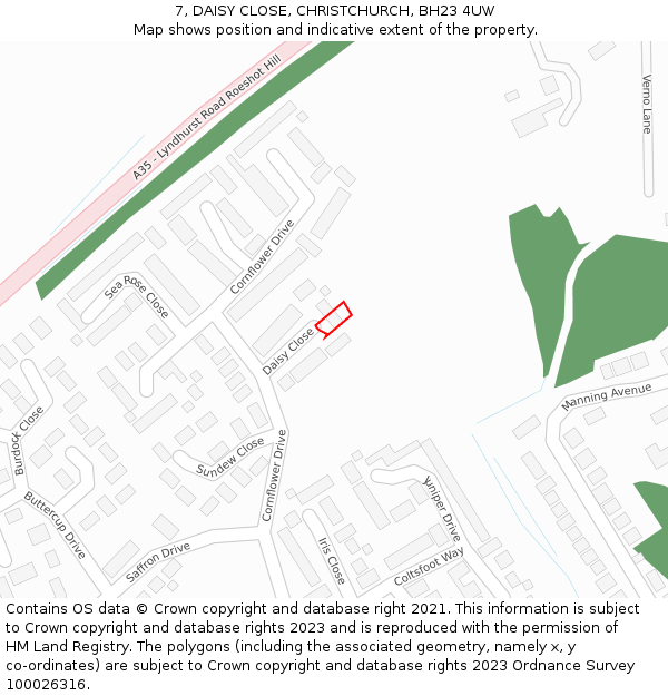 7, DAISY CLOSE, CHRISTCHURCH, BH23 4UW: Location map and indicative extent of plot