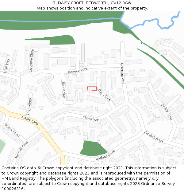 7, DAISY CROFT, BEDWORTH, CV12 0GW: Location map and indicative extent of plot