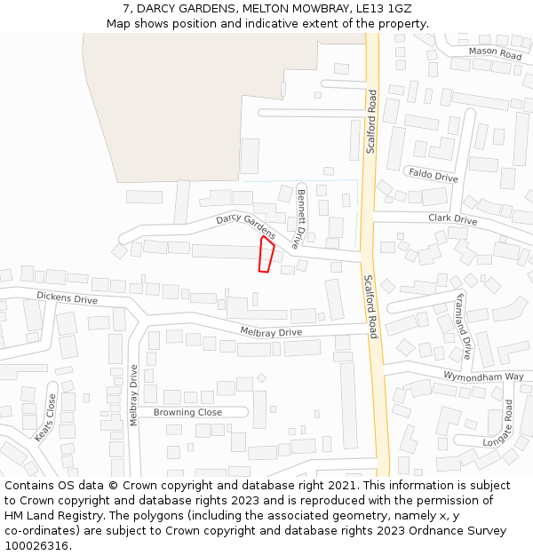 7, DARCY GARDENS, MELTON MOWBRAY, LE13 1GZ: Location map and indicative extent of plot