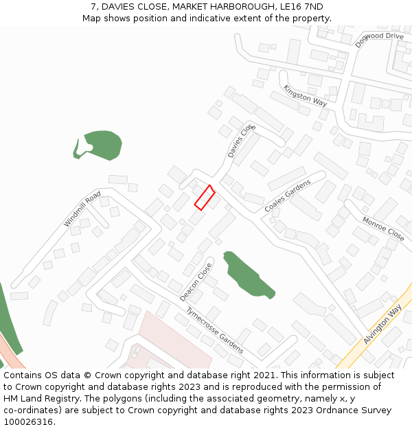 7, DAVIES CLOSE, MARKET HARBOROUGH, LE16 7ND: Location map and indicative extent of plot