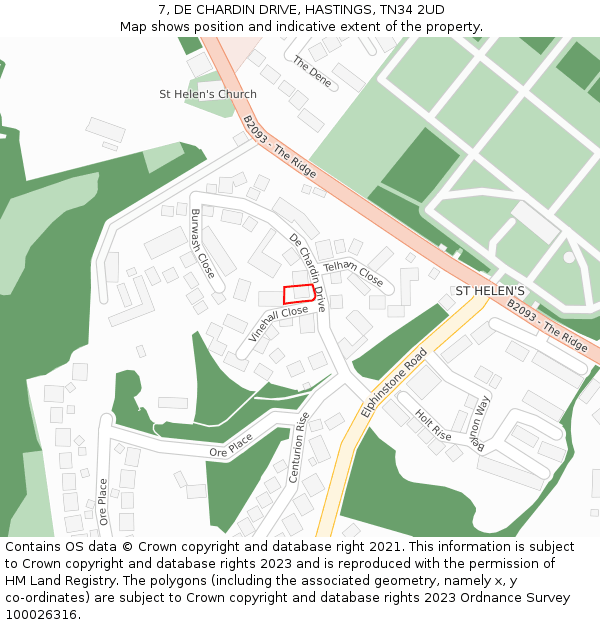 7, DE CHARDIN DRIVE, HASTINGS, TN34 2UD: Location map and indicative extent of plot