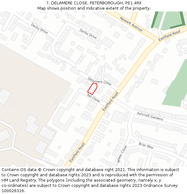 7, DELAMERE CLOSE, PETERBOROUGH, PE1 4RX: Location map and indicative extent of plot
