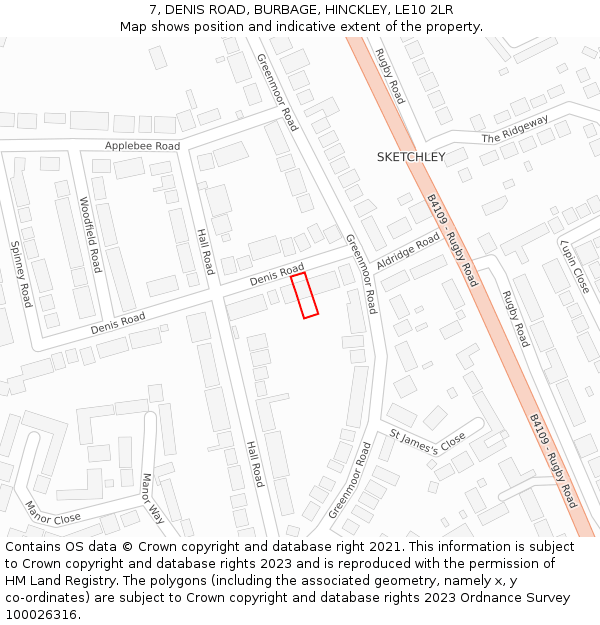 7, DENIS ROAD, BURBAGE, HINCKLEY, LE10 2LR: Location map and indicative extent of plot