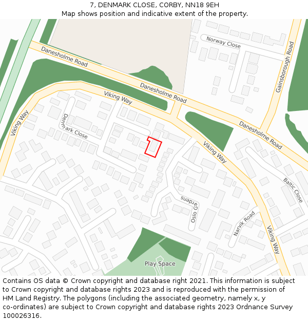 7, DENMARK CLOSE, CORBY, NN18 9EH: Location map and indicative extent of plot