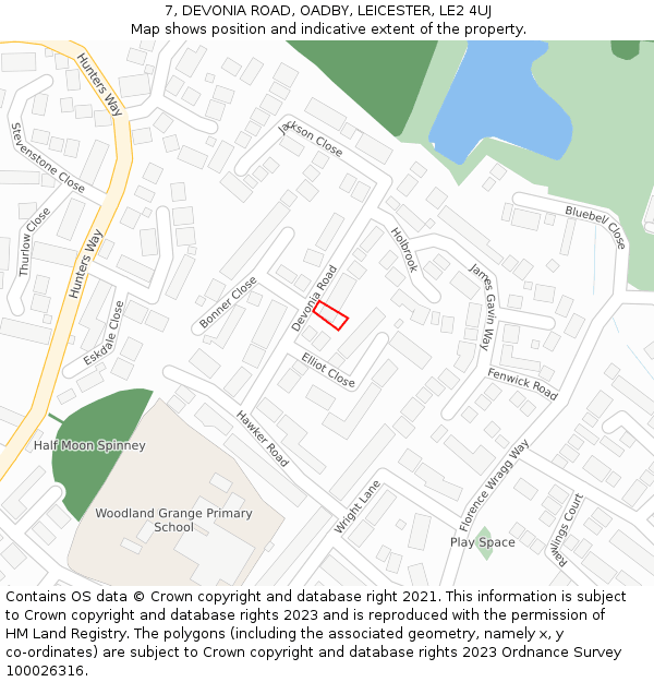 7, DEVONIA ROAD, OADBY, LEICESTER, LE2 4UJ: Location map and indicative extent of plot