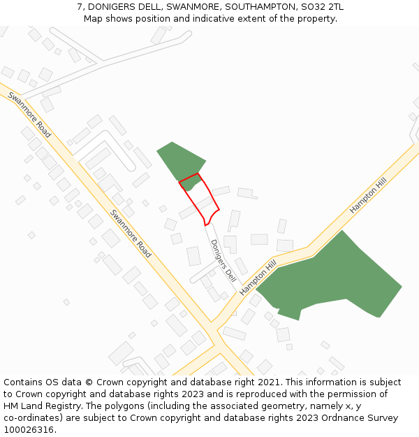 7, DONIGERS DELL, SWANMORE, SOUTHAMPTON, SO32 2TL: Location map and indicative extent of plot