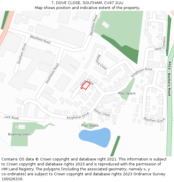 7, DOVE CLOSE, SOUTHAM, CV47 2UU: Location map and indicative extent of plot