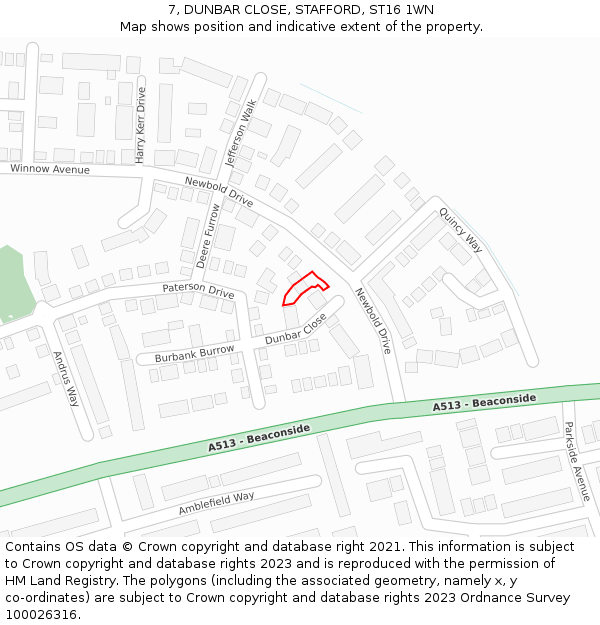 7, DUNBAR CLOSE, STAFFORD, ST16 1WN: Location map and indicative extent of plot
