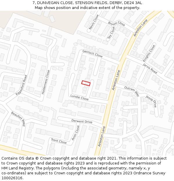 7, DUNVEGAN CLOSE, STENSON FIELDS, DERBY, DE24 3AL: Location map and indicative extent of plot