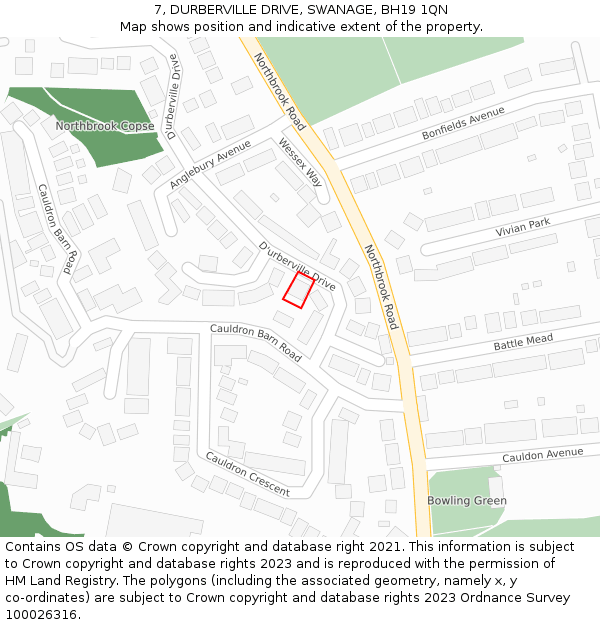 7, DURBERVILLE DRIVE, SWANAGE, BH19 1QN: Location map and indicative extent of plot