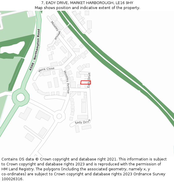 7, EADY DRIVE, MARKET HARBOROUGH, LE16 9HY: Location map and indicative extent of plot