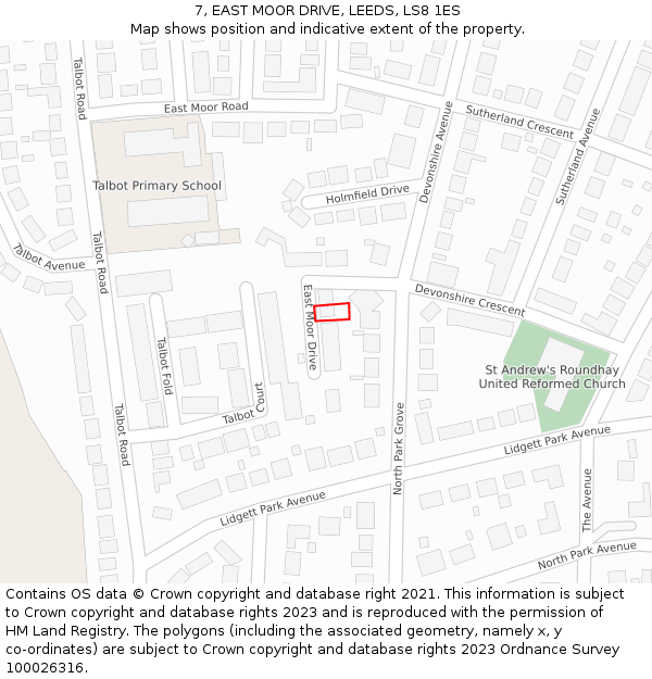 7, EAST MOOR DRIVE, LEEDS, LS8 1ES: Location map and indicative extent of plot