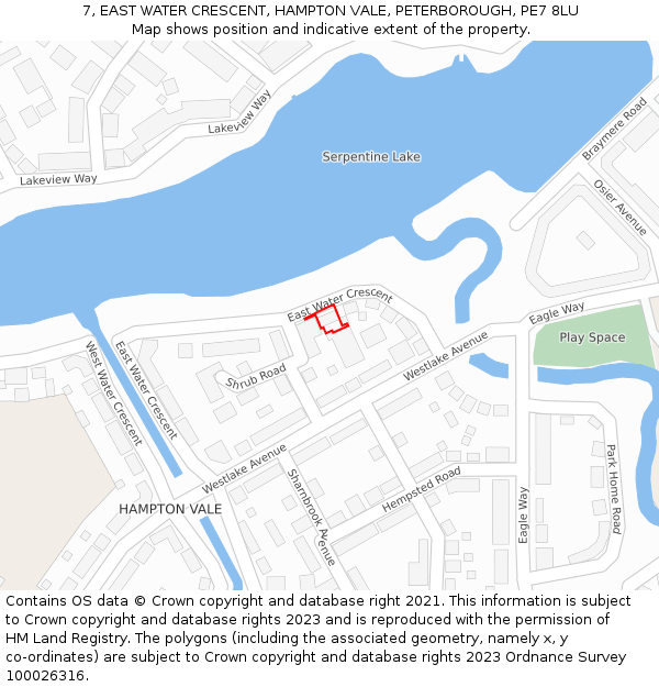 7, EAST WATER CRESCENT, HAMPTON VALE, PETERBOROUGH, PE7 8LU: Location map and indicative extent of plot