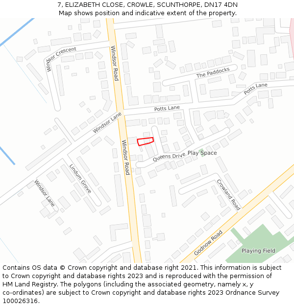 7, ELIZABETH CLOSE, CROWLE, SCUNTHORPE, DN17 4DN: Location map and indicative extent of plot