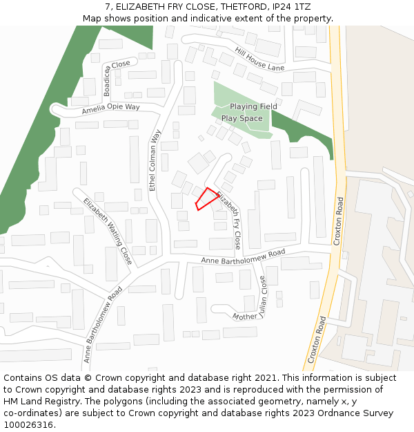 7, ELIZABETH FRY CLOSE, THETFORD, IP24 1TZ: Location map and indicative extent of plot