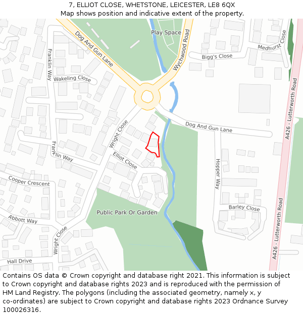 7, ELLIOT CLOSE, WHETSTONE, LEICESTER, LE8 6QX: Location map and indicative extent of plot