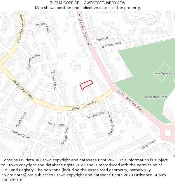 7, ELM COPPICE, LOWESTOFT, NR33 9EW: Location map and indicative extent of plot
