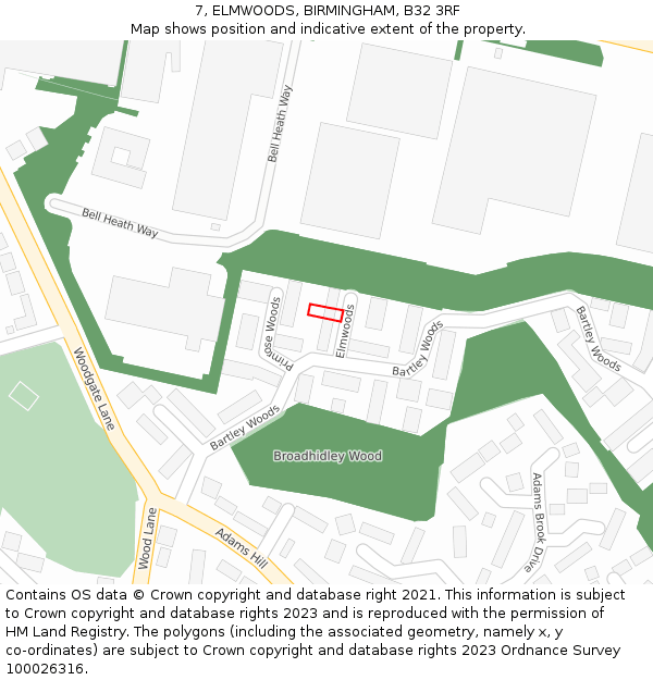 7, ELMWOODS, BIRMINGHAM, B32 3RF: Location map and indicative extent of plot