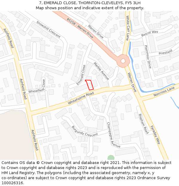 7, EMERALD CLOSE, THORNTON-CLEVELEYS, FY5 3LH: Location map and indicative extent of plot