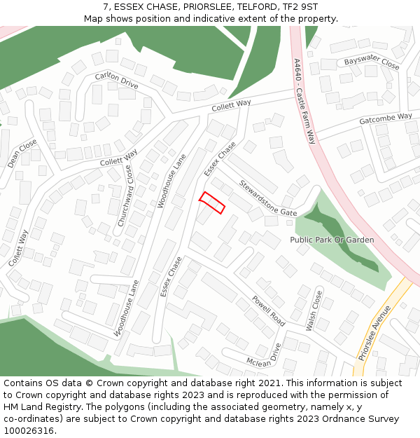 7, ESSEX CHASE, PRIORSLEE, TELFORD, TF2 9ST: Location map and indicative extent of plot