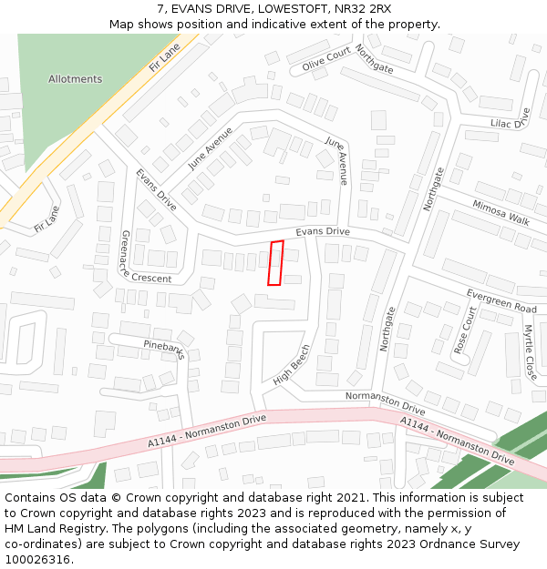7, EVANS DRIVE, LOWESTOFT, NR32 2RX: Location map and indicative extent of plot