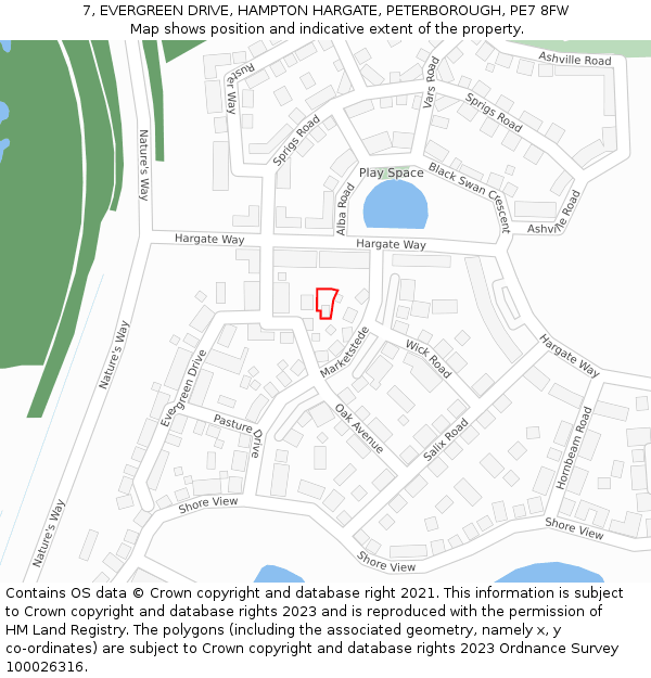 7, EVERGREEN DRIVE, HAMPTON HARGATE, PETERBOROUGH, PE7 8FW: Location map and indicative extent of plot