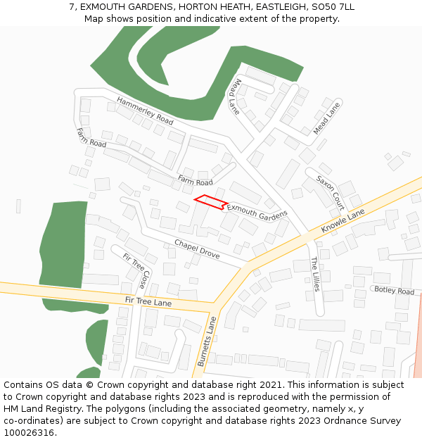 7, EXMOUTH GARDENS, HORTON HEATH, EASTLEIGH, SO50 7LL: Location map and indicative extent of plot