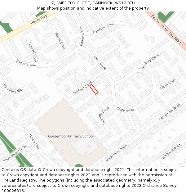 7, FAIRFIELD CLOSE, CANNOCK, WS12 3TU: Location map and indicative extent of plot