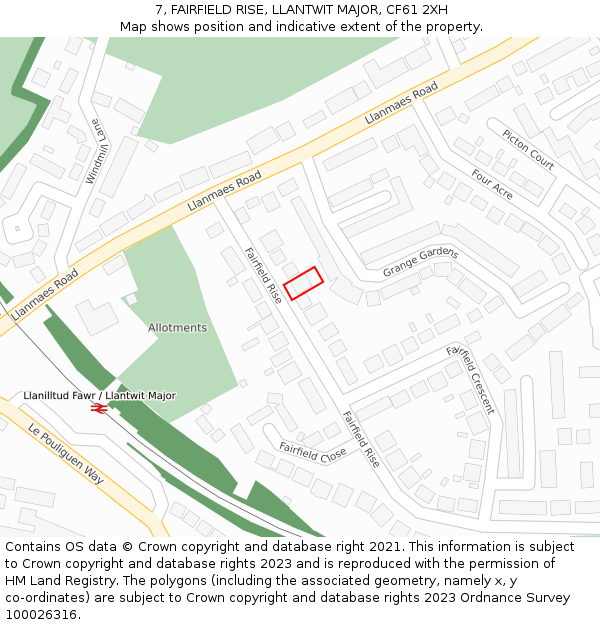 7, FAIRFIELD RISE, LLANTWIT MAJOR, CF61 2XH: Location map and indicative extent of plot