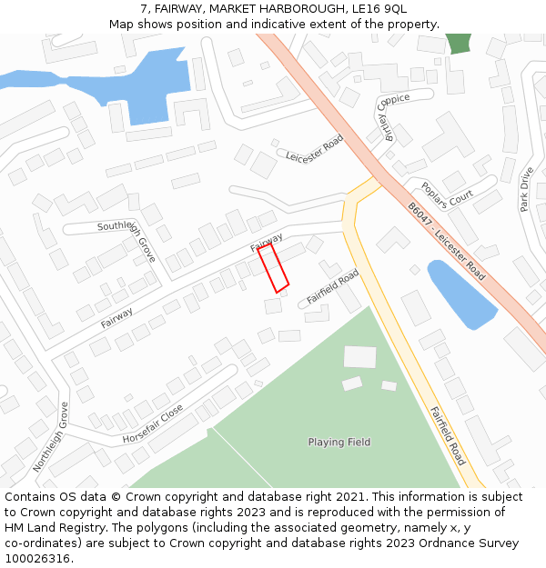 7, FAIRWAY, MARKET HARBOROUGH, LE16 9QL: Location map and indicative extent of plot