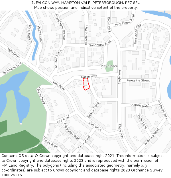 7, FALCON WAY, HAMPTON VALE, PETERBOROUGH, PE7 8EU: Location map and indicative extent of plot