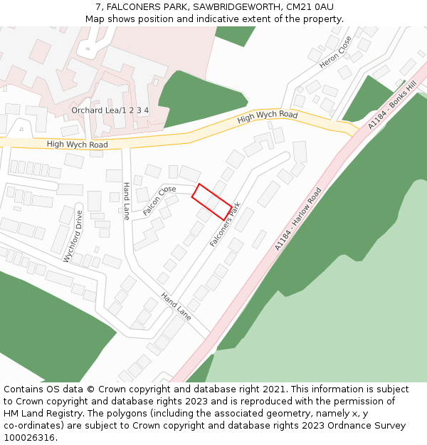 7, FALCONERS PARK, SAWBRIDGEWORTH, CM21 0AU: Location map and indicative extent of plot