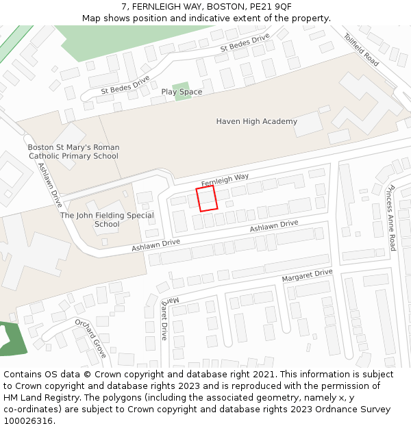 7, FERNLEIGH WAY, BOSTON, PE21 9QF: Location map and indicative extent of plot