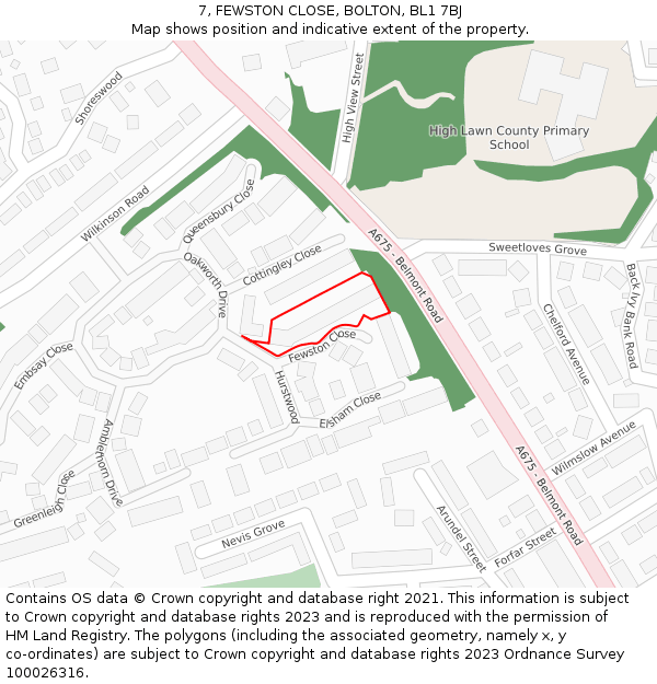 7, FEWSTON CLOSE, BOLTON, BL1 7BJ: Location map and indicative extent of plot