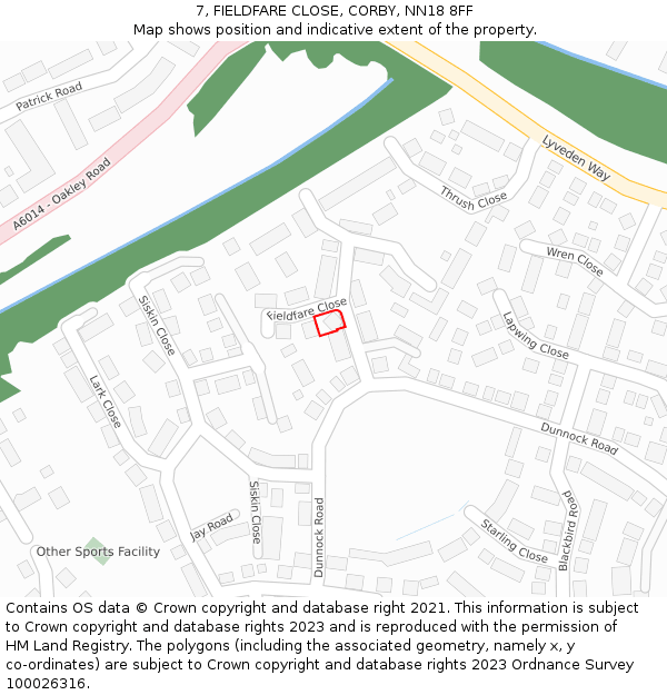 7, FIELDFARE CLOSE, CORBY, NN18 8FF: Location map and indicative extent of plot