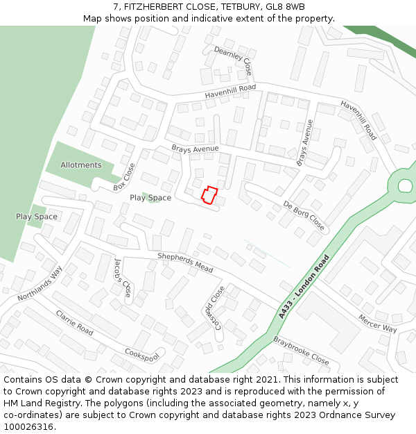 7, FITZHERBERT CLOSE, TETBURY, GL8 8WB: Location map and indicative extent of plot