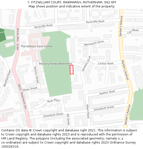 7, FITZWILLIAM COURT, RAWMARSH, ROTHERHAM, S62 6FF: Location map and indicative extent of plot