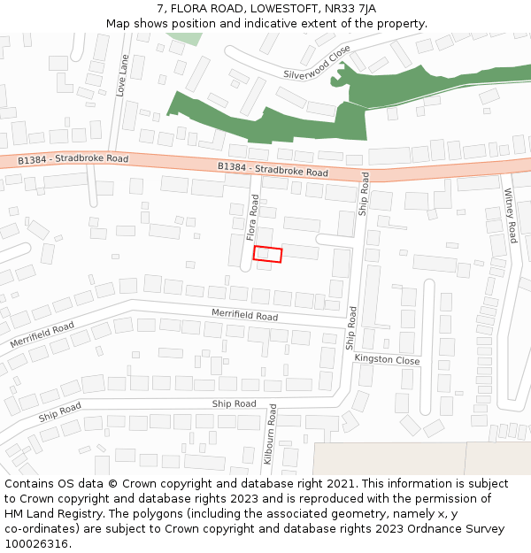 7, FLORA ROAD, LOWESTOFT, NR33 7JA: Location map and indicative extent of plot