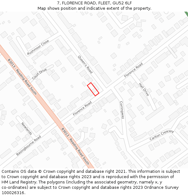 7, FLORENCE ROAD, FLEET, GU52 6LF: Location map and indicative extent of plot