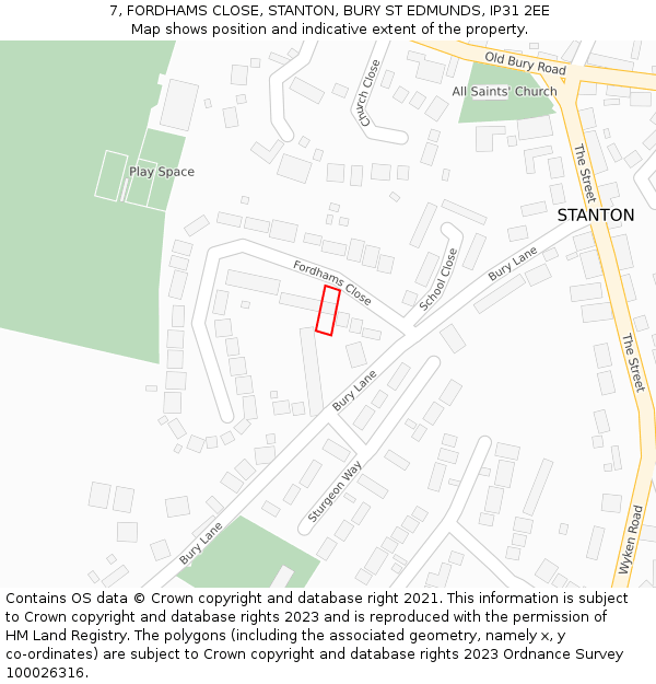 7, FORDHAMS CLOSE, STANTON, BURY ST EDMUNDS, IP31 2EE: Location map and indicative extent of plot