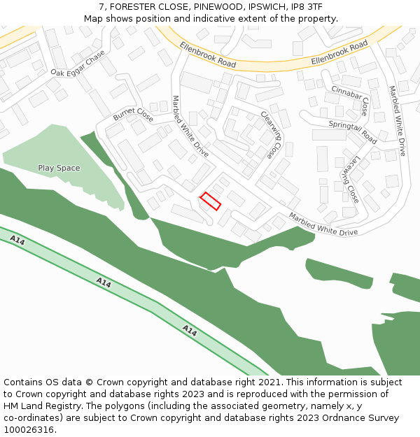 7, FORESTER CLOSE, PINEWOOD, IPSWICH, IP8 3TF: Location map and indicative extent of plot