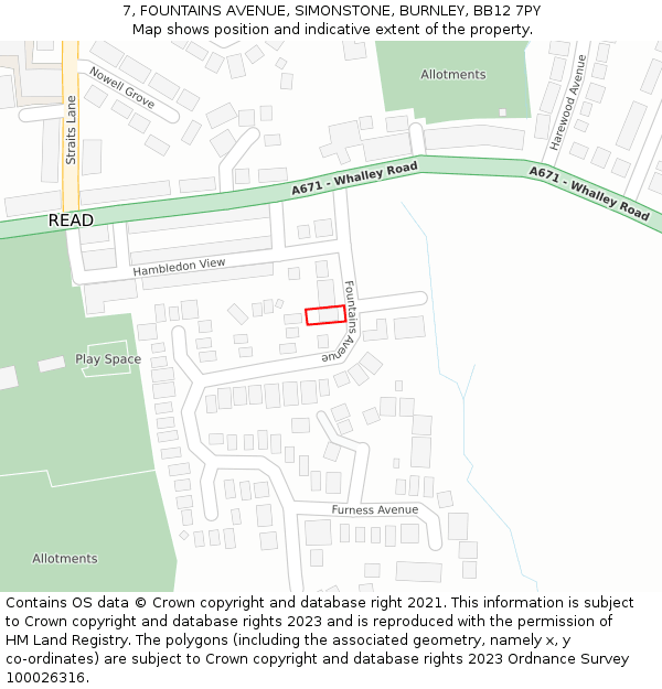 7, FOUNTAINS AVENUE, SIMONSTONE, BURNLEY, BB12 7PY: Location map and indicative extent of plot